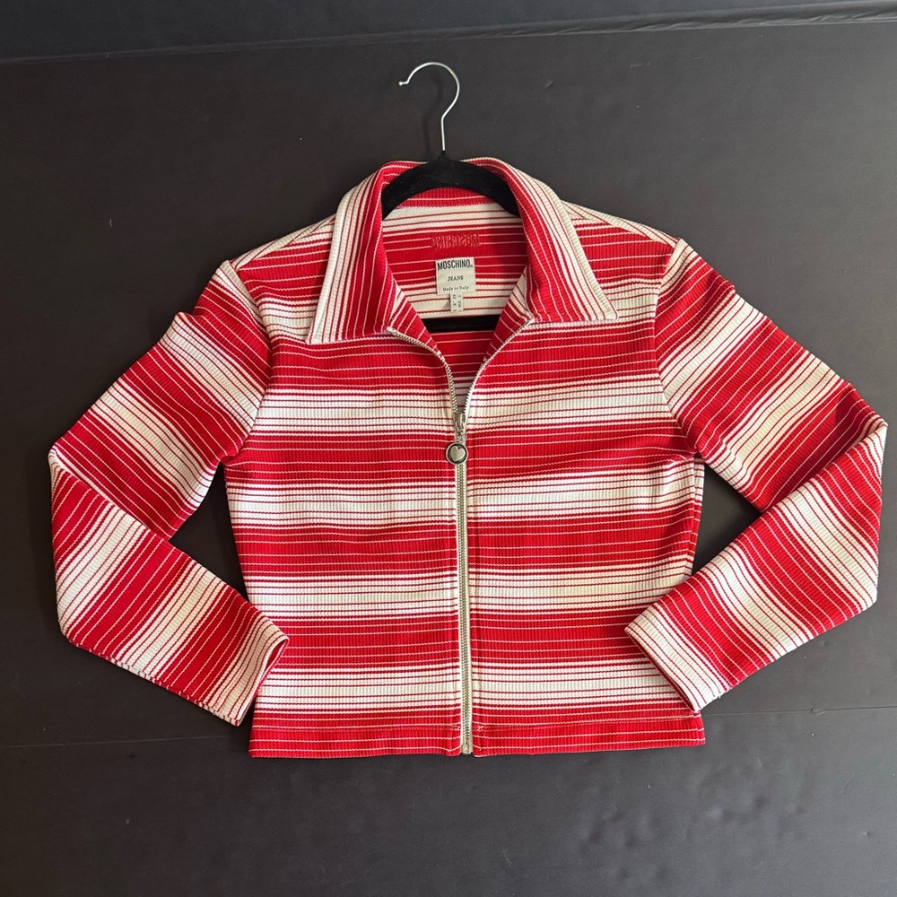 Vtg Moschino Jeans-Red and white striped full zip lightweight jacket.Size 8